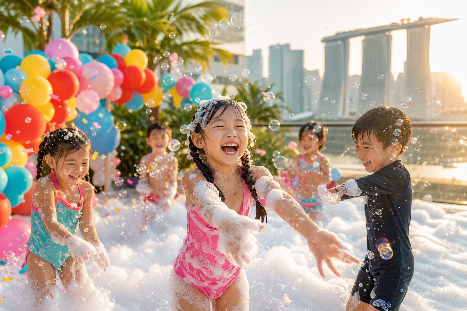 Children playing in a bubble party
