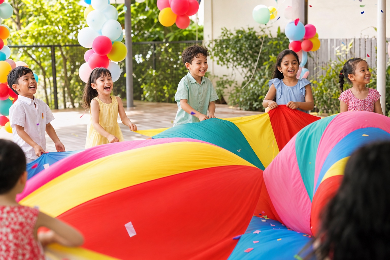 Kids playing a parachute game