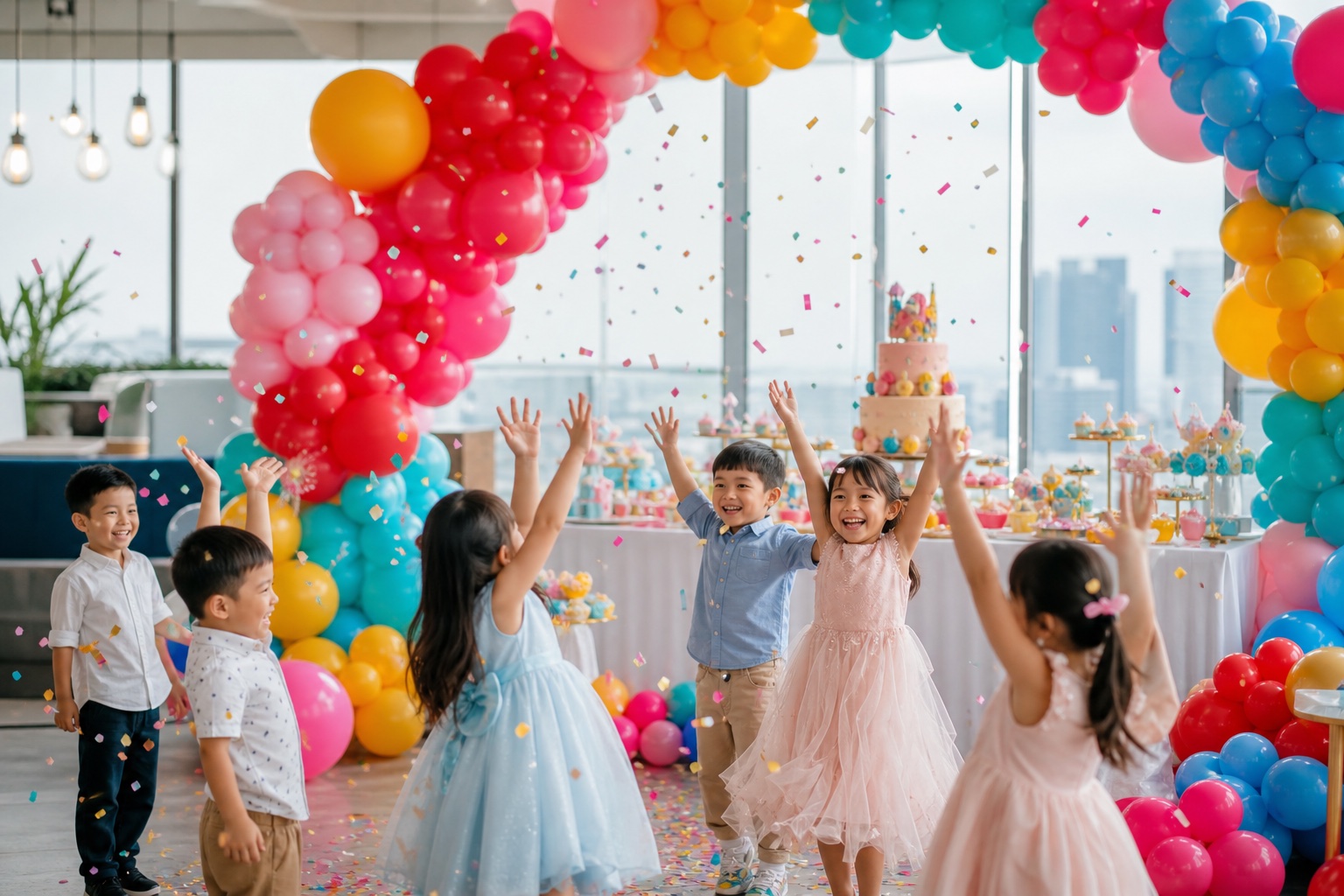 A joyful, colourful kids' birthday party with balloon décor and happy children celebrating