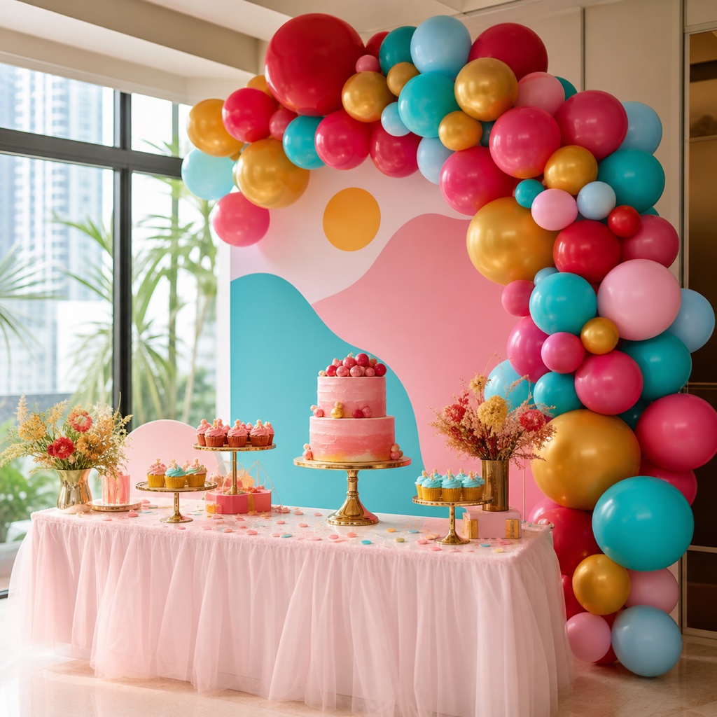 Balloon garland backdrop and styled dessert table