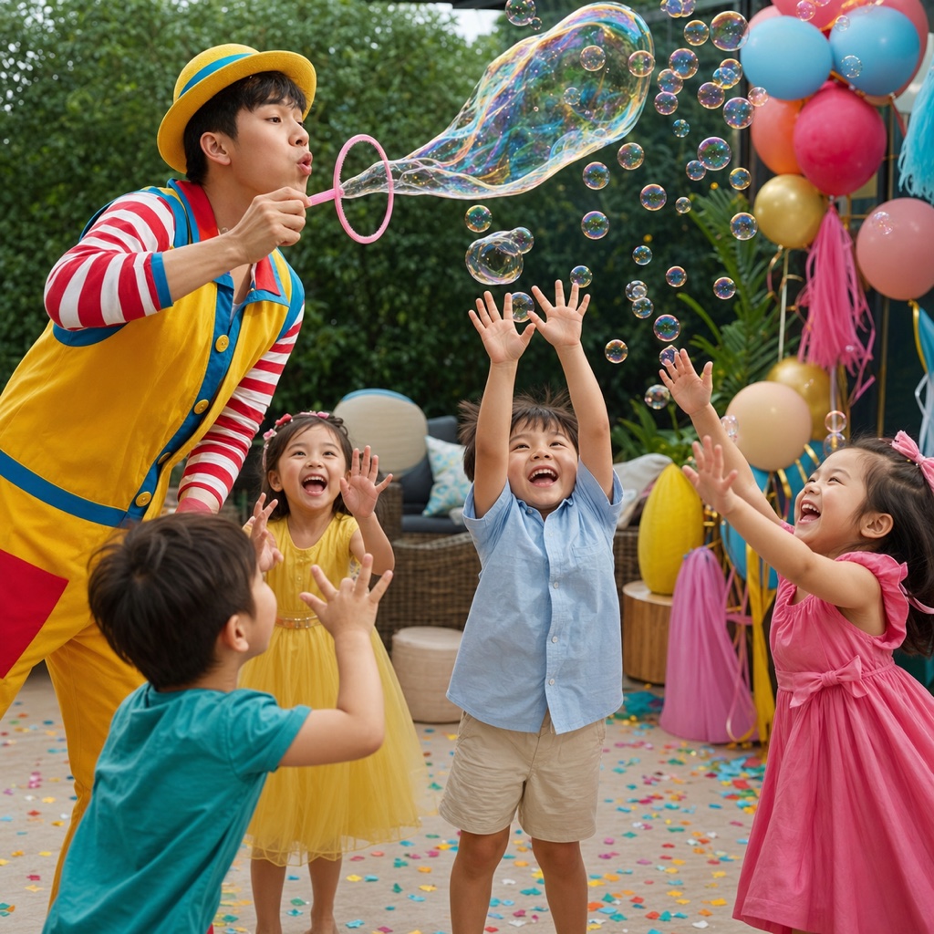 Party host blowing bubbles for laughing children